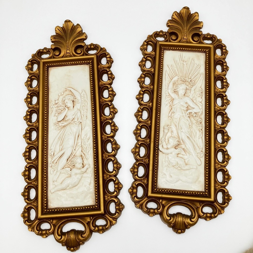 Homco Wall Plaques 7410 B Set of 2 Gold Vintage 1976 Angel Cherub Relief